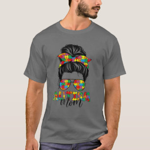 Camiseta Autismo Mãe Vida Mensagem Bun Óculos Solares Banda
