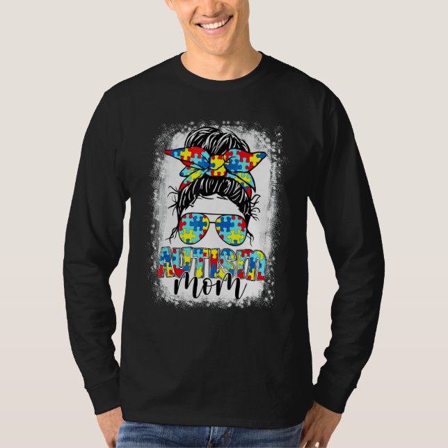 Camiseta Autismo Mãe Vida Mensagem Bun Óculos Solares Banda (Frente)