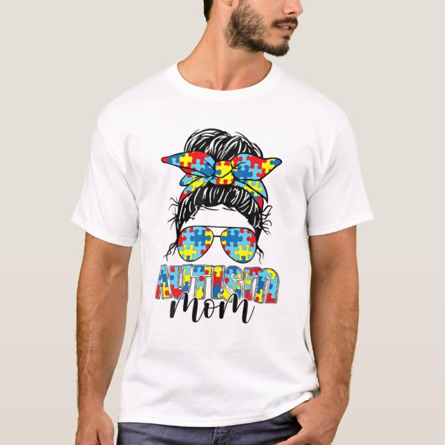 Camiseta Autismo Mãe Vida Mensagem Bun Óculos Solares Banda (Frente)