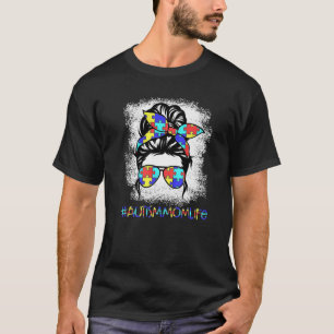 Camiseta Autismo Mãe Vida Mensagem Bun Óculos Solares Banda