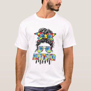 Camiseta Autismo Mãe Vida Mensagem Bun Óculos Solares Banda