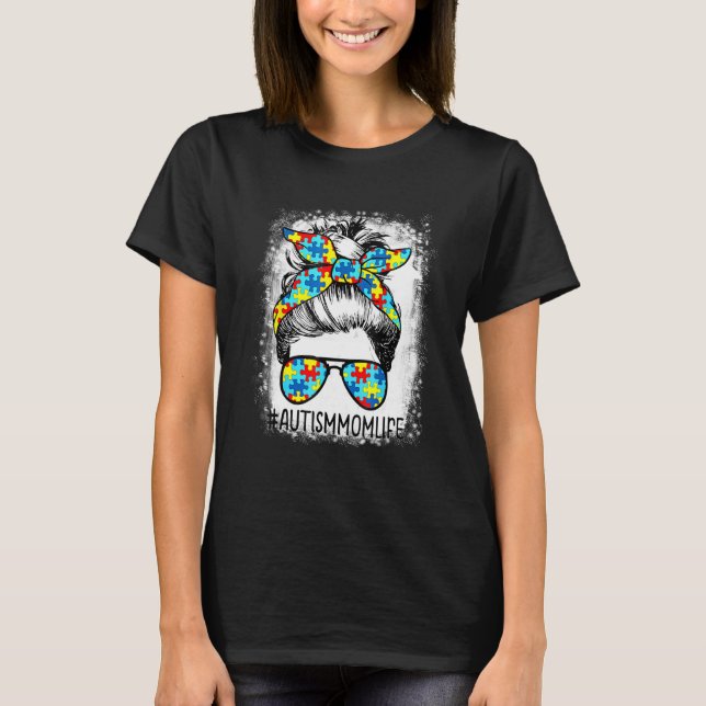 Camiseta Autismo Mãe Vida Mensagem Bun Óculos Solares Banda (Frente)