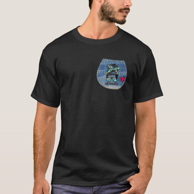 Camiseta Autismo Mãe Vida Mensagem Bun Óculos Solares Banda (Frente)