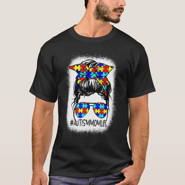 Camiseta Autismo Mãe Vida Mensagem Bun Óculos Solares Banda (Frente)