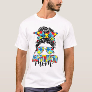 Camiseta Autismo Mãe Vida Mensagem Bun Óculos Solares Banda