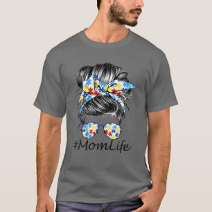 Camiseta Autismo Mãe Vida Mensagem Bun Óculos Solares Banda