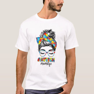 Camiseta Autismo Mãe Vida Mensagem Bun Óculos Solares Banda