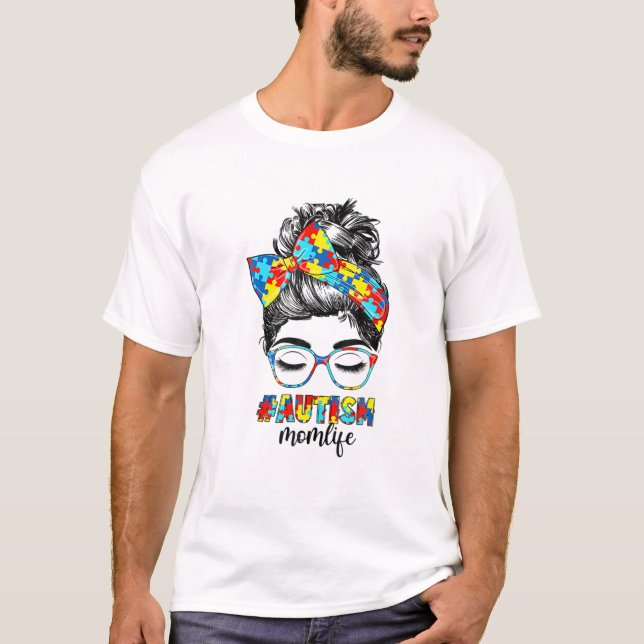 Camiseta Autismo Mãe Vida Mensagem Bun Óculos Solares Banda (Frente)