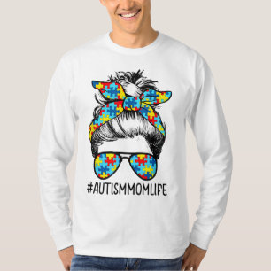 Camiseta Autismo Mãe Vida Mensagem Bun Óculos Solares Banda