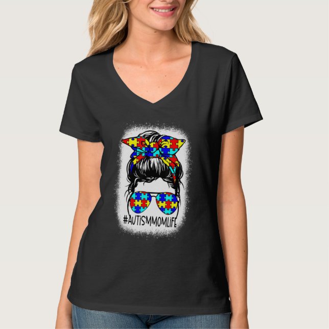 Camiseta Autismo Mãe Vida Mensagem Bun Óculos Solares Banda (Frente)