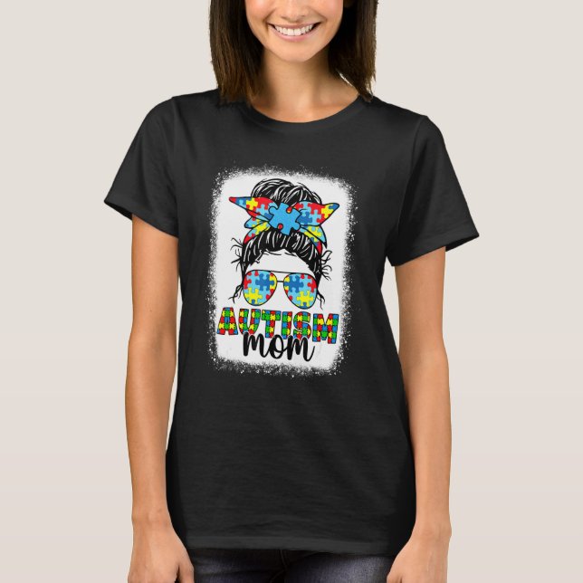 Camiseta Autismo Mãe Vida Mensagem Bun Óculos Solares Banda (Frente)