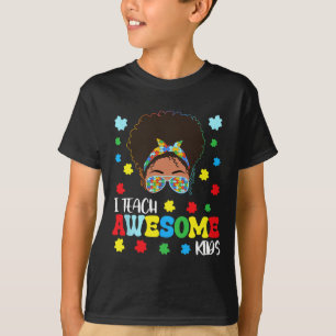 Camiseta Autismo Messer Bun Afro-Black Professora Eu Ensino