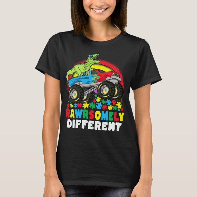 Camiseta Autismo Monstro de Caminhões T Rex Diferente (Frente)