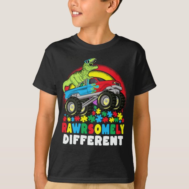 Camiseta Autismo Monstro de Caminhões T Rex Diferente (Frente)