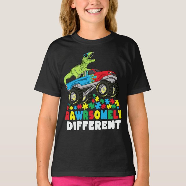 Camiseta Autismo Monstro de Caminhões T Rex Diferente (Frente)