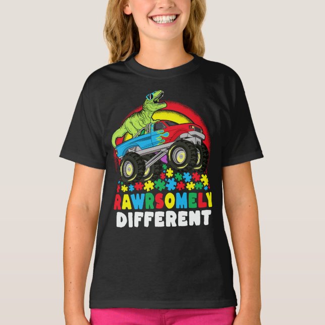 Camiseta Autismo Monstro de Caminhões T Rex Diferente (Frente)