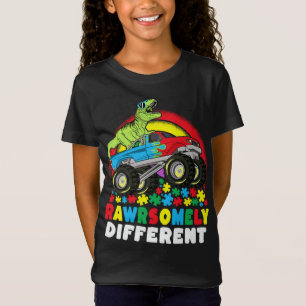 Camiseta Autismo Monstro de Caminhões T Rex Diferente