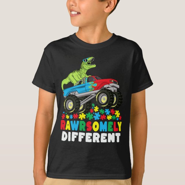 Camiseta Autismo Monstro de Caminhões T Rex Diferente (Frente)