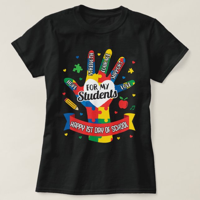 Camiseta Autismo Professor de volta à escola no primeiro di (Frente do Design)