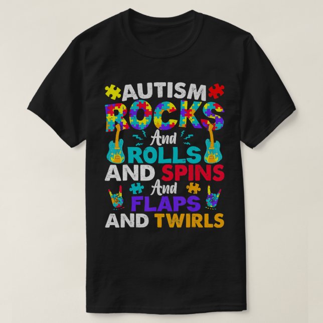 Camiseta Autismo Rocks E Rolls Engraçado Autismo Sensibiliz (Frente do Design)