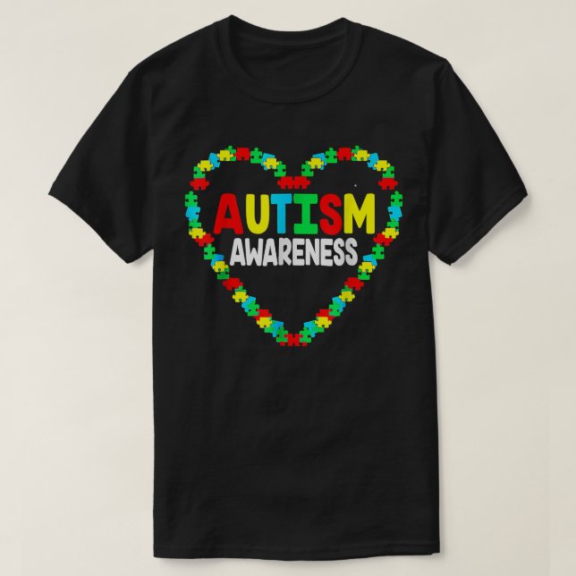 Camiseta Autismo Sensibilização Coração Quebra-cabeça Apoio (Frente do Design)