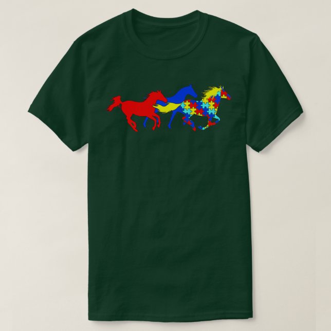 Camiseta Autismo Sensibilização Diferentes Cavalos (Frente do Design)