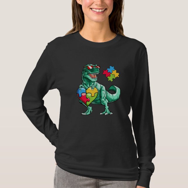Camiseta Autismo Sensibilização Dinossauro T Rex Coração Qu (Frente)