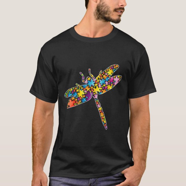 Camiseta Autismo Sensibilização Dragonfly Animal Quebra-cab (Frente)
