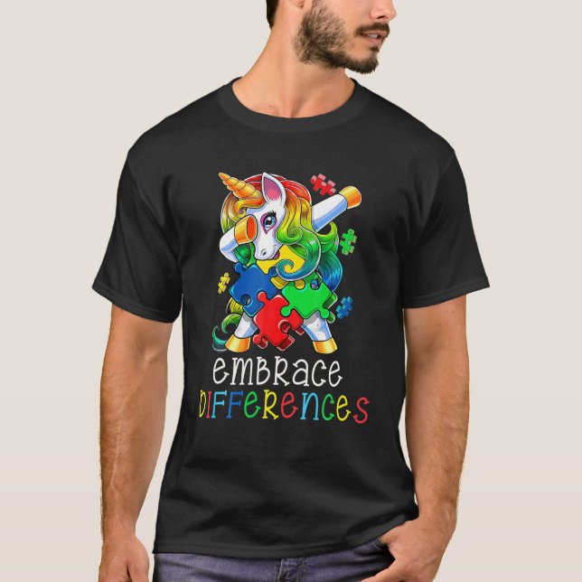 Camiseta Autismo Sensibilização Engraçado Dabbing Unicorn E (Frente)