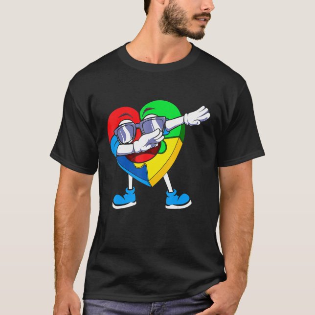 Camiseta Autismo Sensibilização Meninos Dabbing Heart Quebr (Frente)