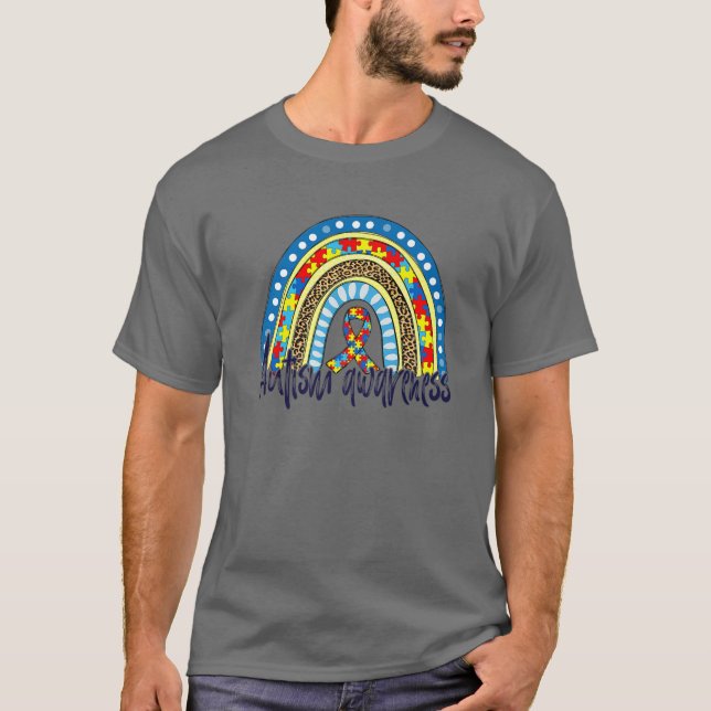 Camiseta Autismo Sensibilização Mês Leopard Rainbow Autism  (Frente)
