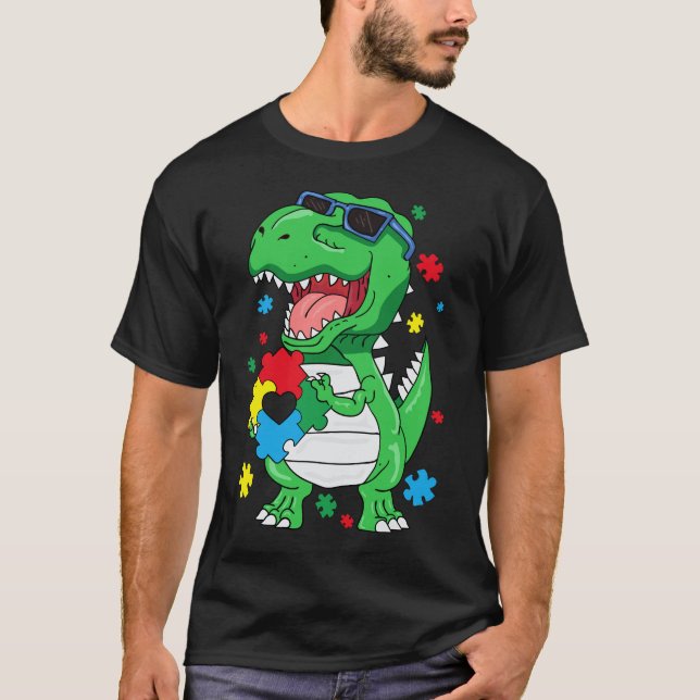 Camiseta Autismo Sensibilização Para Rex Dinossaur Quebra-c (Frente)
