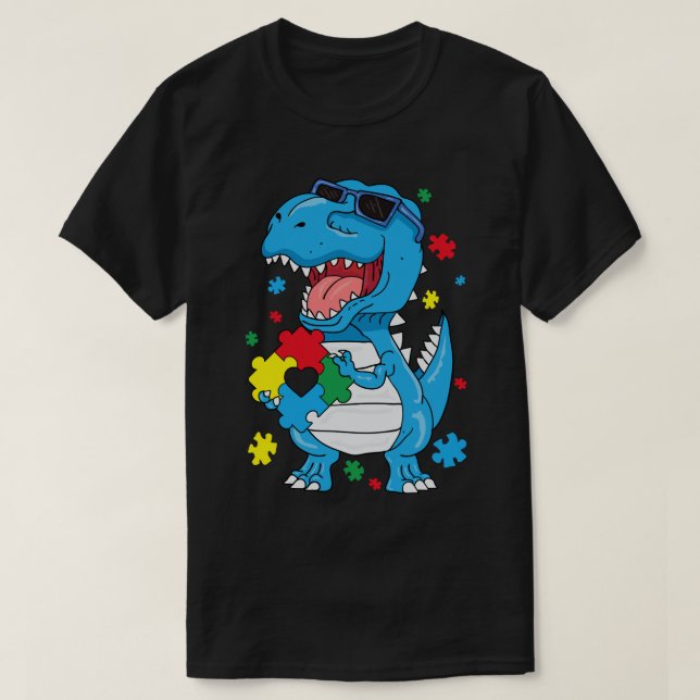 Camiseta Autismo Sensibilização Para Rex Dinossaur Quebra-c (Frente do Design)