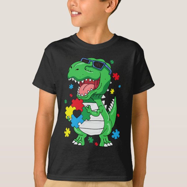 Camiseta Autismo Sensibilização Para Rex Dinossaur Quebra-c (Frente)
