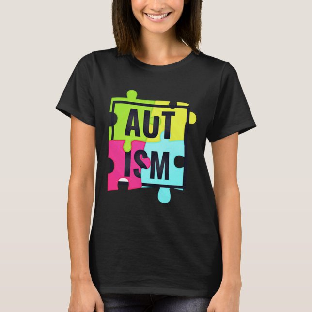Camiseta Autismo Sensibilização Quebra-cabeça de Bolso Mulh (Frente)