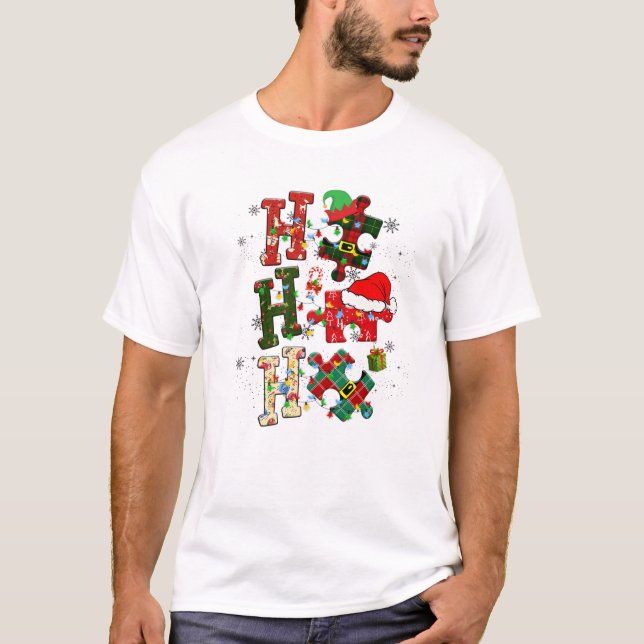 Camiseta Autismo Sensibilização Quebra-cabeça Natal Hohoho  (Frente)
