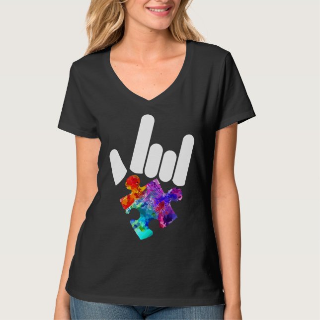 Camiseta Autismo Sensibilização Rock &amp Roll Quebra-cabeç (Frente)