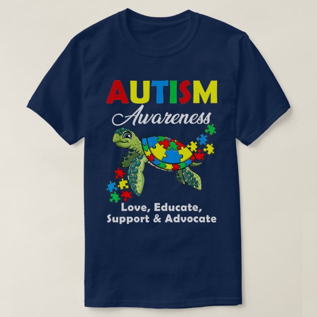 Camiseta Autismo Sensibilização Tartarugas Quebra-cabeça Mã (Frente do Design)