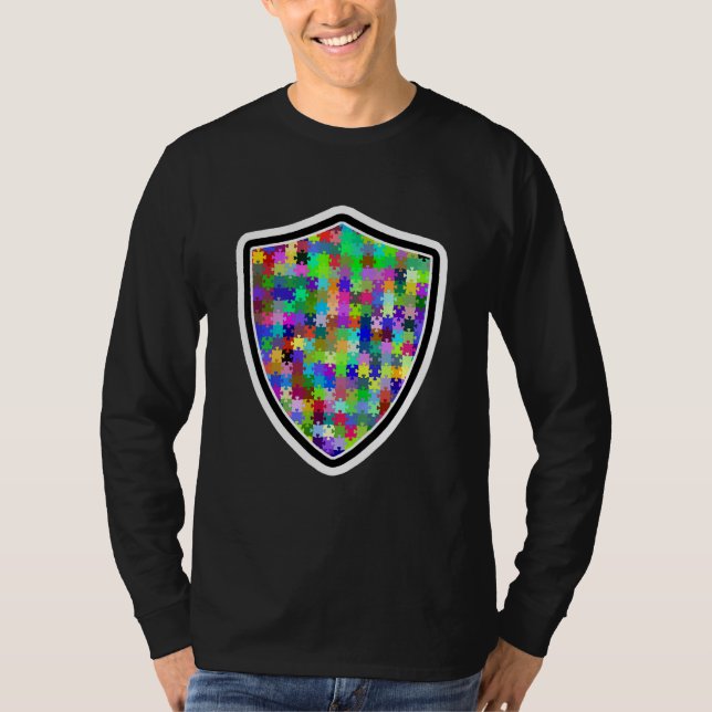 Camiseta Autismo Super-herói Shield & Quebra-cabeça Mental  (Frente)