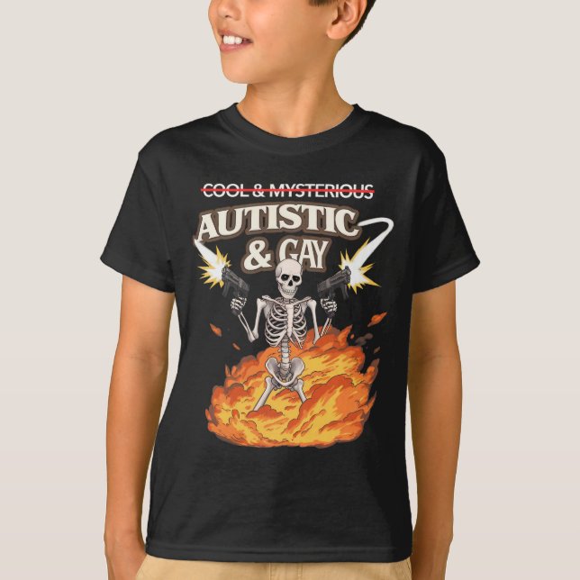 Camiseta Autista e esqueleto Gay Engraçado Autismo consciên (Frente)