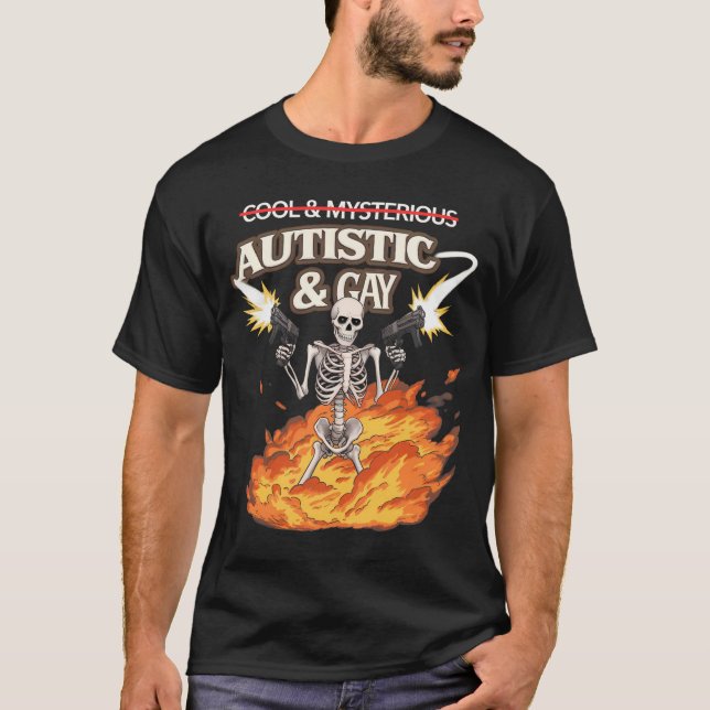Camiseta Autista e esqueleto Gay Engraçado Autismo consciên (Frente)