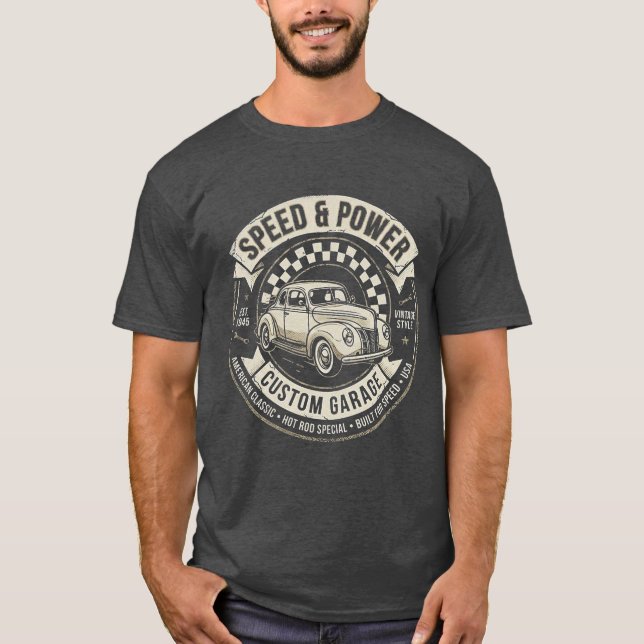 Camiseta automóvel clássico de velocidade e potência (Frente)