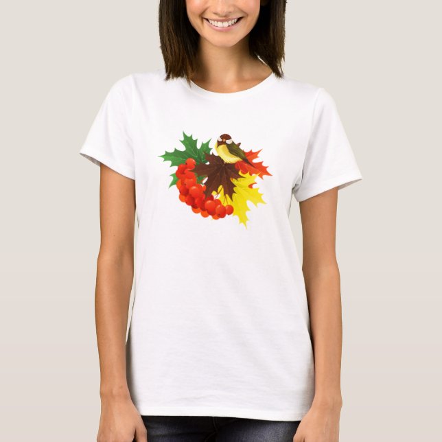 Camiseta Autumn Bird, Leaves e Berries (Frente)