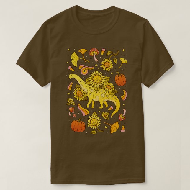 Camiseta Autumn Camarassauro Queda Dinossauro Arte Sunflowe (Frente do Design)
