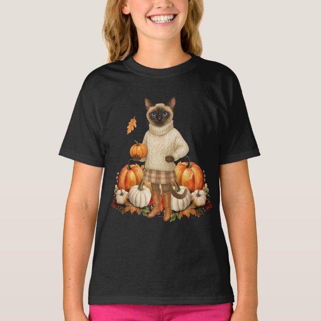 Camiseta Autumn Cat com abóboras para amantes de Cat Siames (Frente)