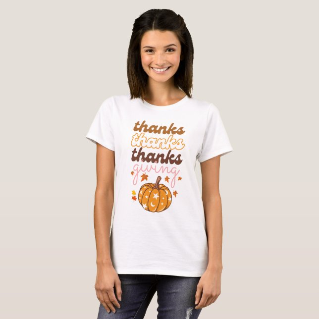 Camiseta Autumn Deixa Groovy Pumpkin Feriado no Dia de Ação (Frente Completa)