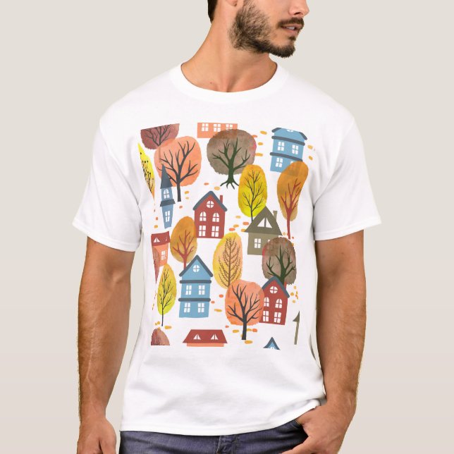 Camiseta Autumn Elegance: Watercolor City e Árvores (Frente)