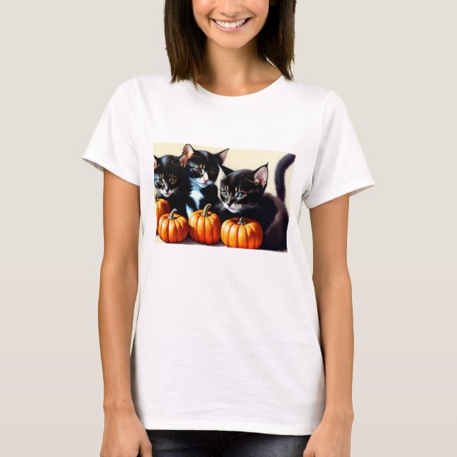 Camiseta Autumn Kittens com Pumpkins (Frente)