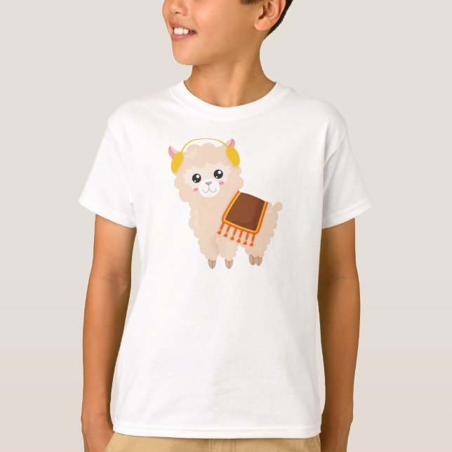 Camiseta Autumn Llama, Cute Llama, Cute Alpaca, Ear Muff (Frente)