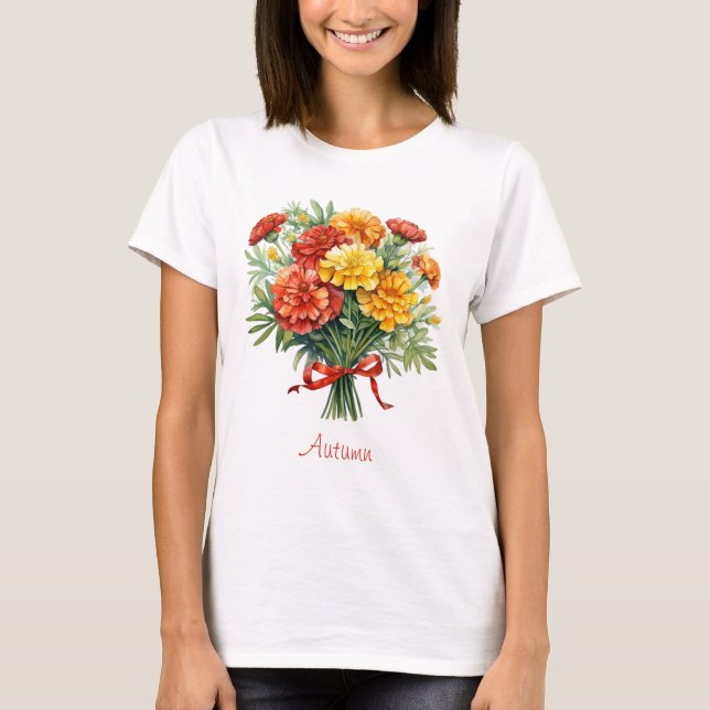 Camiseta Autumn Marigold Buquê Red Ribbon T-Shirt (Frente)